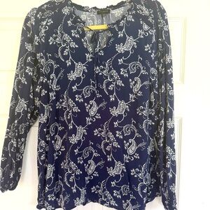 Talbots Ruffled White and Blue Blouse